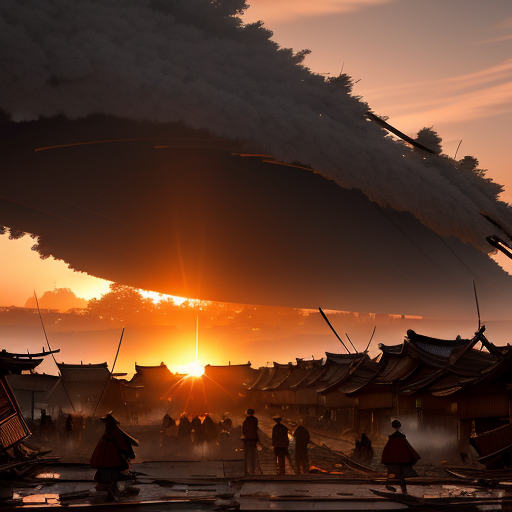 The rising sun illuminating the aftermath of the battle; the villagers and samurais regrouping amidst damaged structures, their faces a mix of relief and grim resolve.